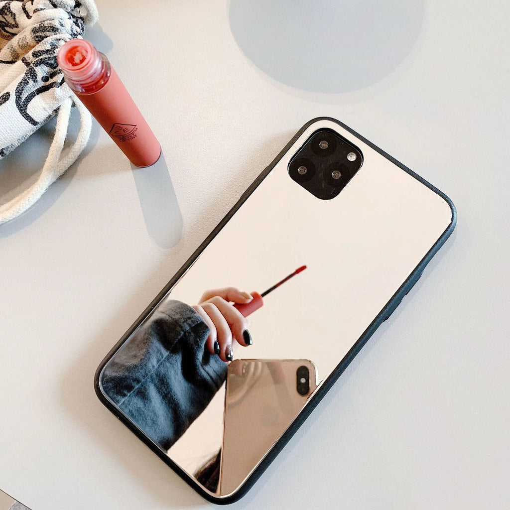 Glass mirror phone case for iPhone 14 Pro Max with reflective cosmetic mirror back cover and retro style design