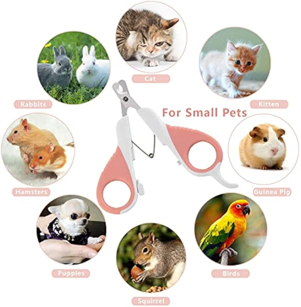 Grey and pink cat nail clippers with safety guard and angled stainless steel blade for small pet grooming