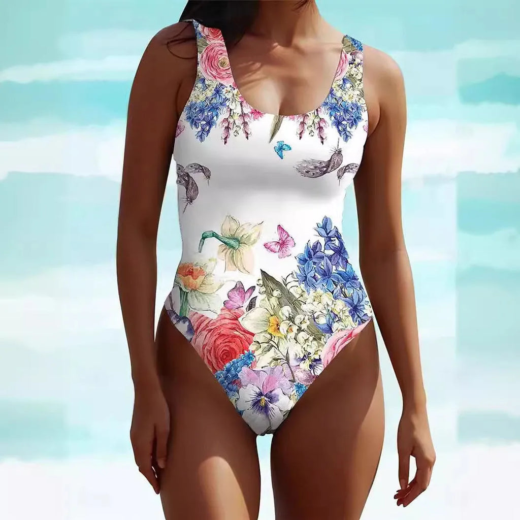 Women's sleeveless Bohemian swimsuit dress in colourful pattern, flat mop cloth spandex fabric