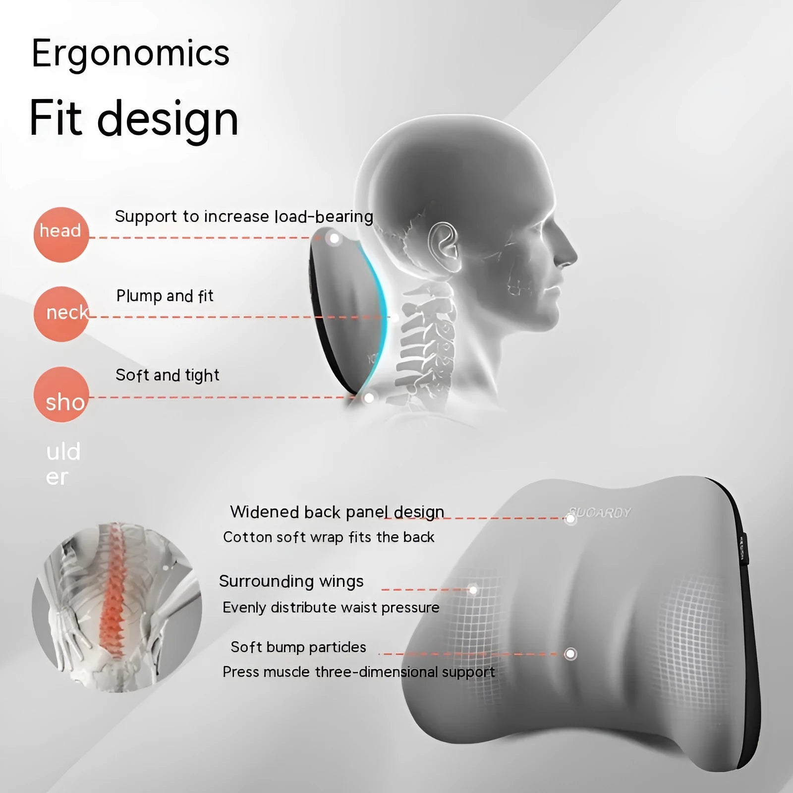 Memory foam lumbar support pillow and neck pillow set for car seats in various colours.