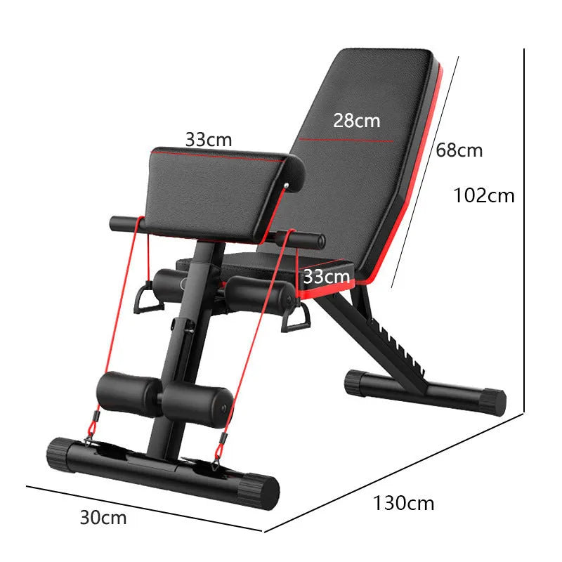 Home multi-function foldable incline fitness bench with metal frame and pull rope on plain background