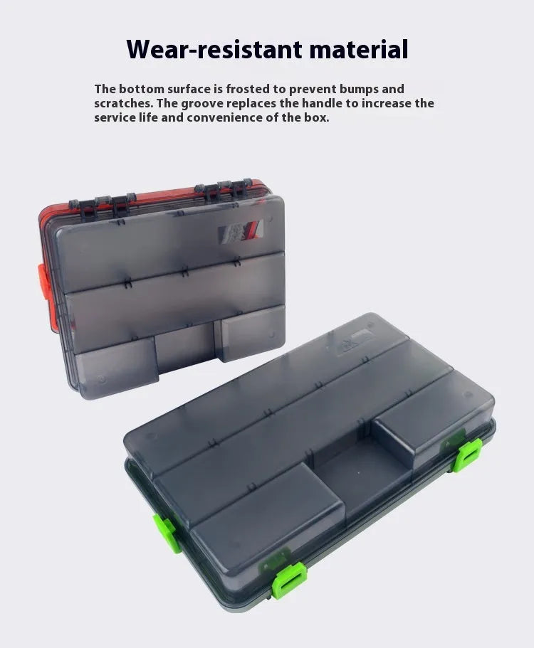 Orange waterproof plastic fishing lure storage box with lid open.