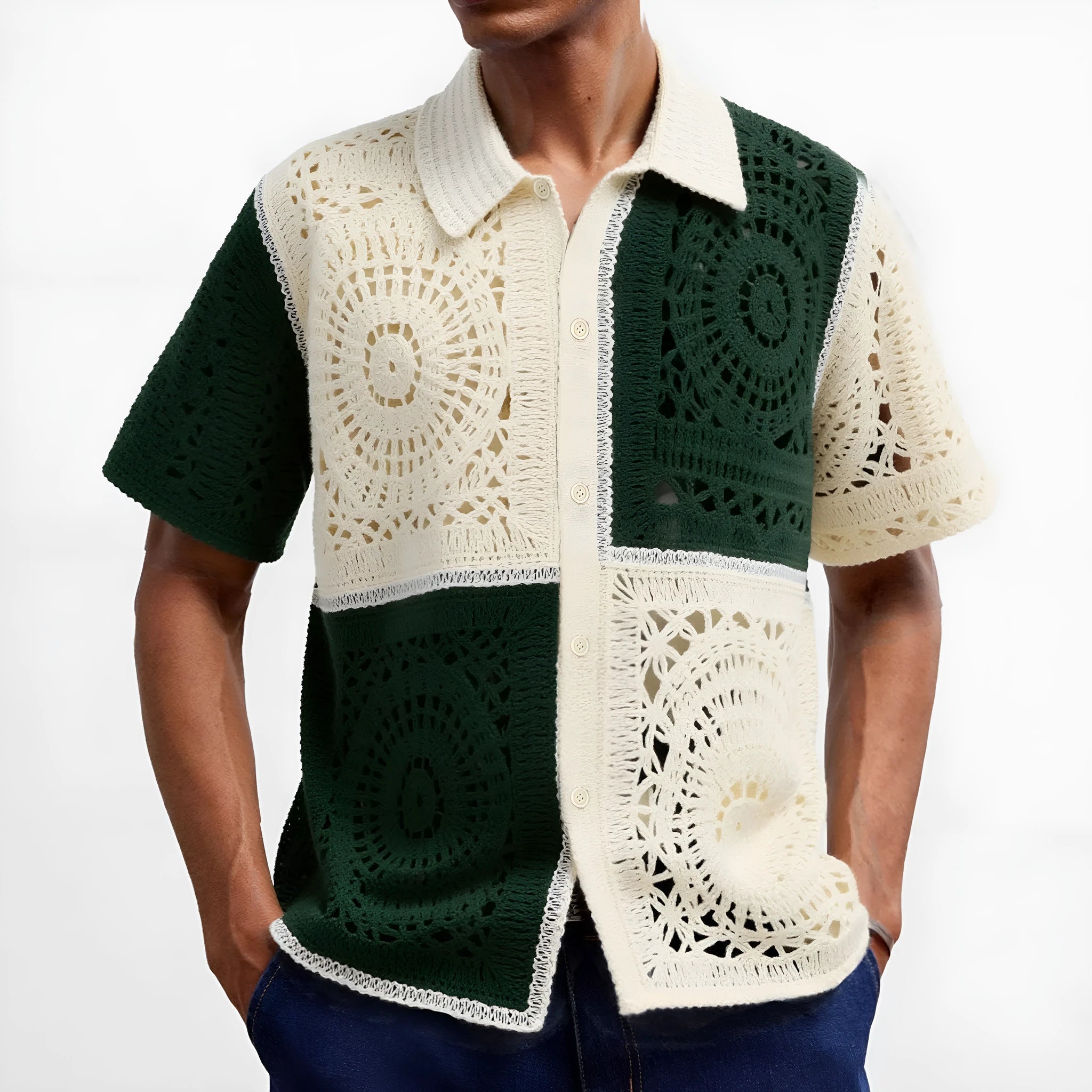 Beige colourblock men's short sleeve knitwear shirt on a hanger showing flocking detail and regular fit.