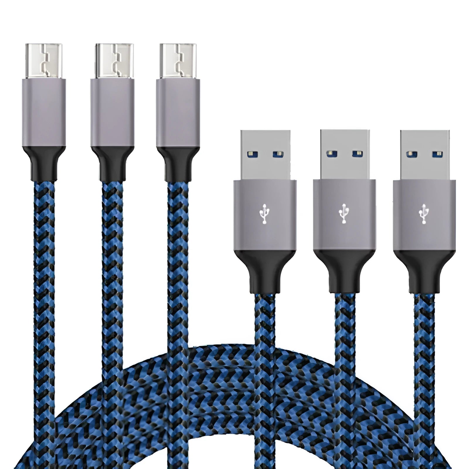 Braided Micro USB fast charging cable for Android phones in black, showing length options.