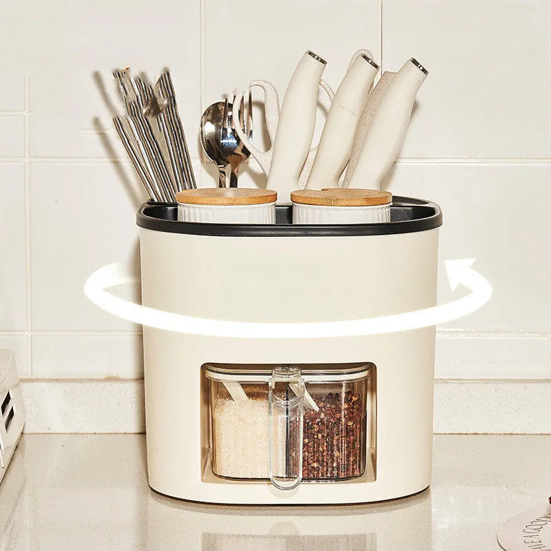 Rotating kitchen storage holder with four compartments for utensils and spices