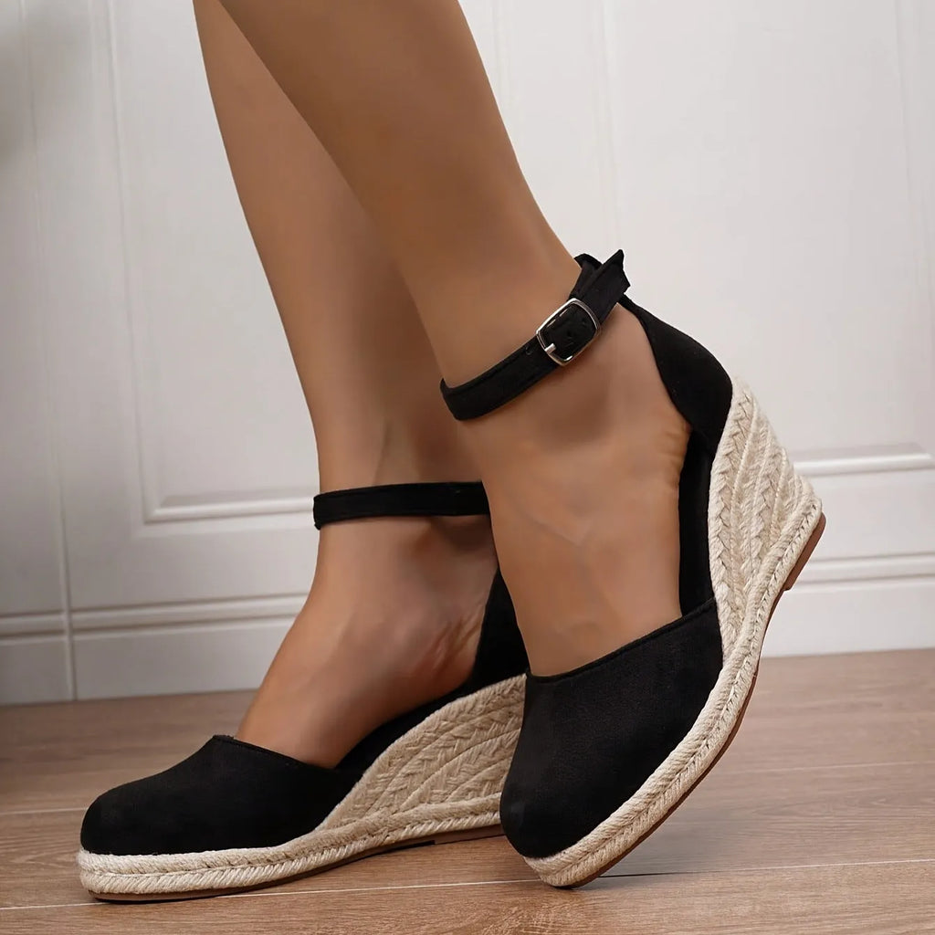 Women's casual canvas wedge sandals in Roman style with buckle fastening