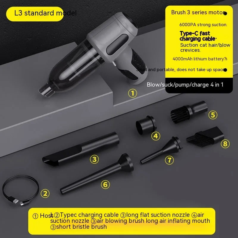 Black cordless handheld car vacuum cleaner with attachments on a grey car seat.