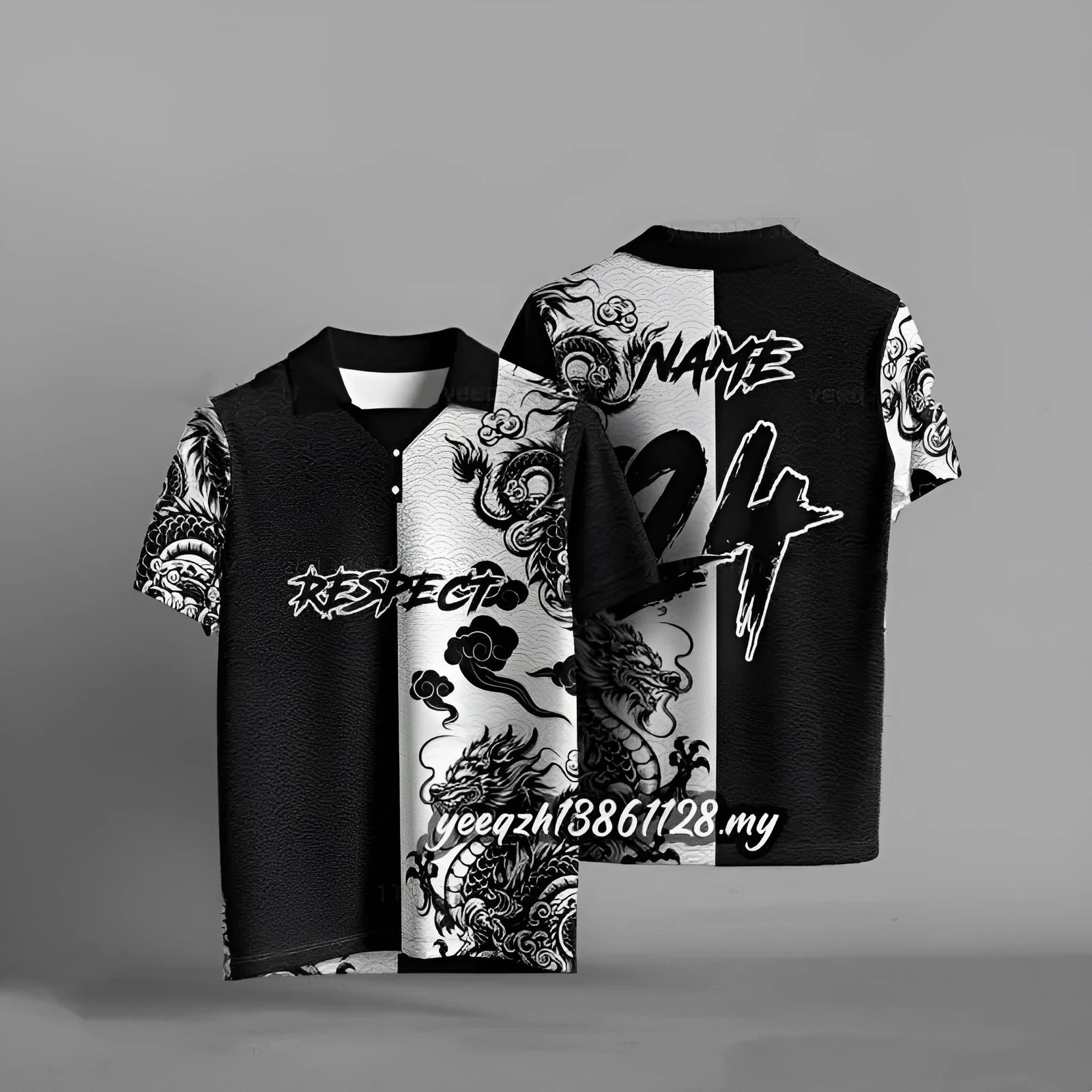 Black loose fit T-shirt with 3D digital printing design on polyester fabric, short sleeves