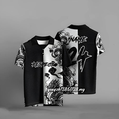 Black loose fit T-shirt with 3D digital printing design on polyester fabric, short sleeves