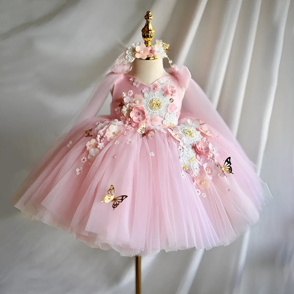 Pink children's mesh sleeveless vest host dress with cotton lining and princess-style skirt for girls 100-140cm