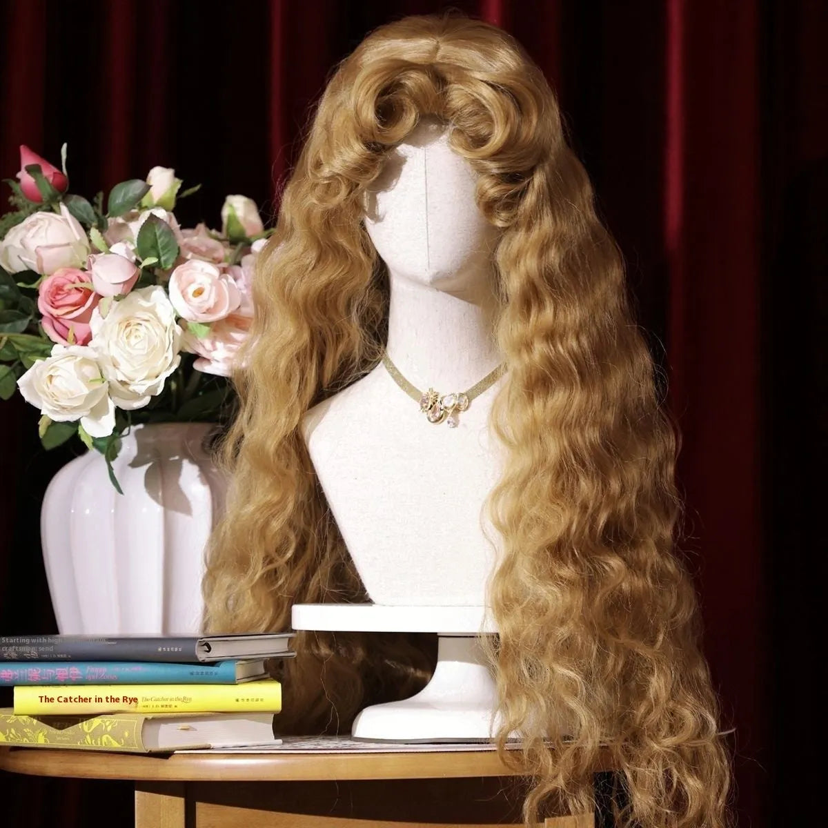 French Fluffy Small Curls Lolita Long Wig in French Golden Brown with hairnet, high temperature fibre, retro style