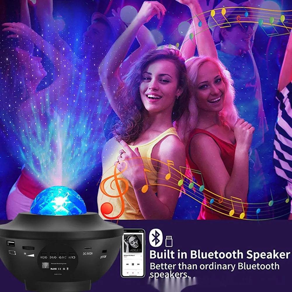 Black parallel style starry sky projection lamp with remote control on desktop