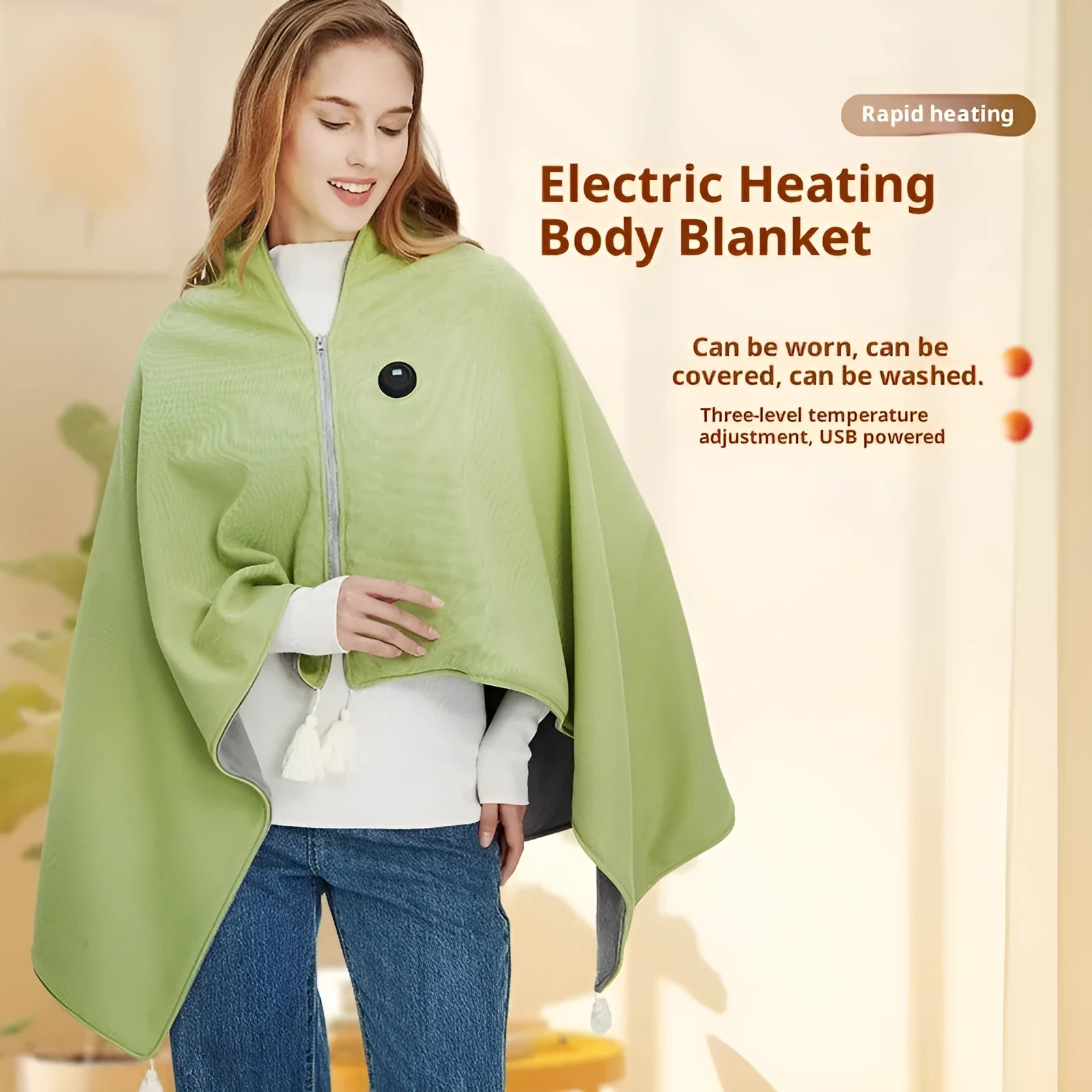 Solid colour electric shawl blanket with mobile power bank in beige, green, and red options