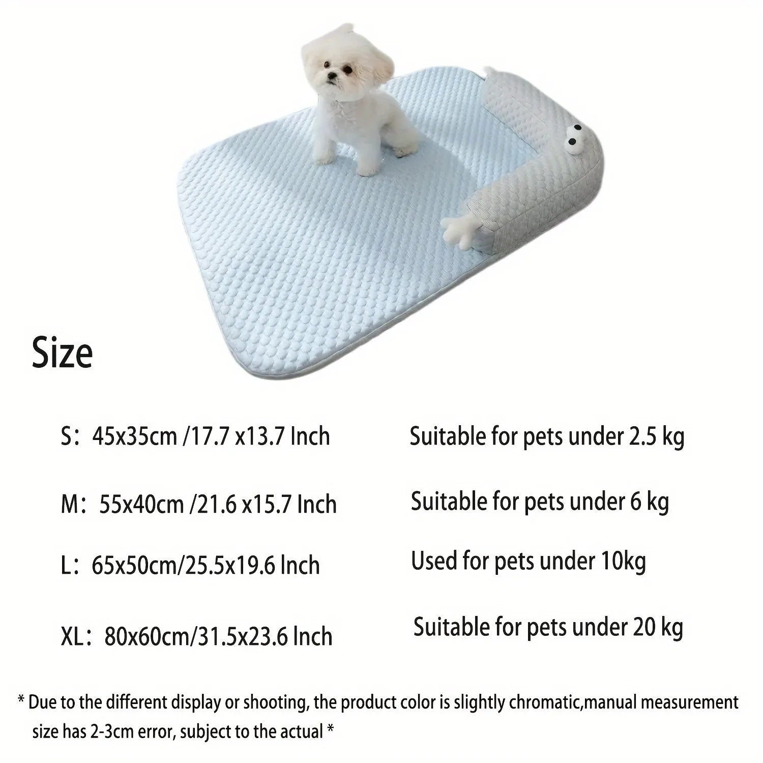 Blue pet cooling pad with big-eyed monster design, shown on a wooden floor.