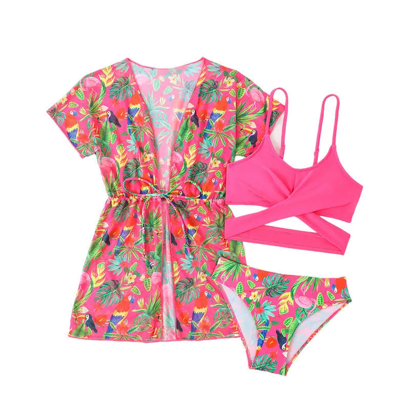 Floral print two-piece bikini swimsuit for girls on a mannequin.
