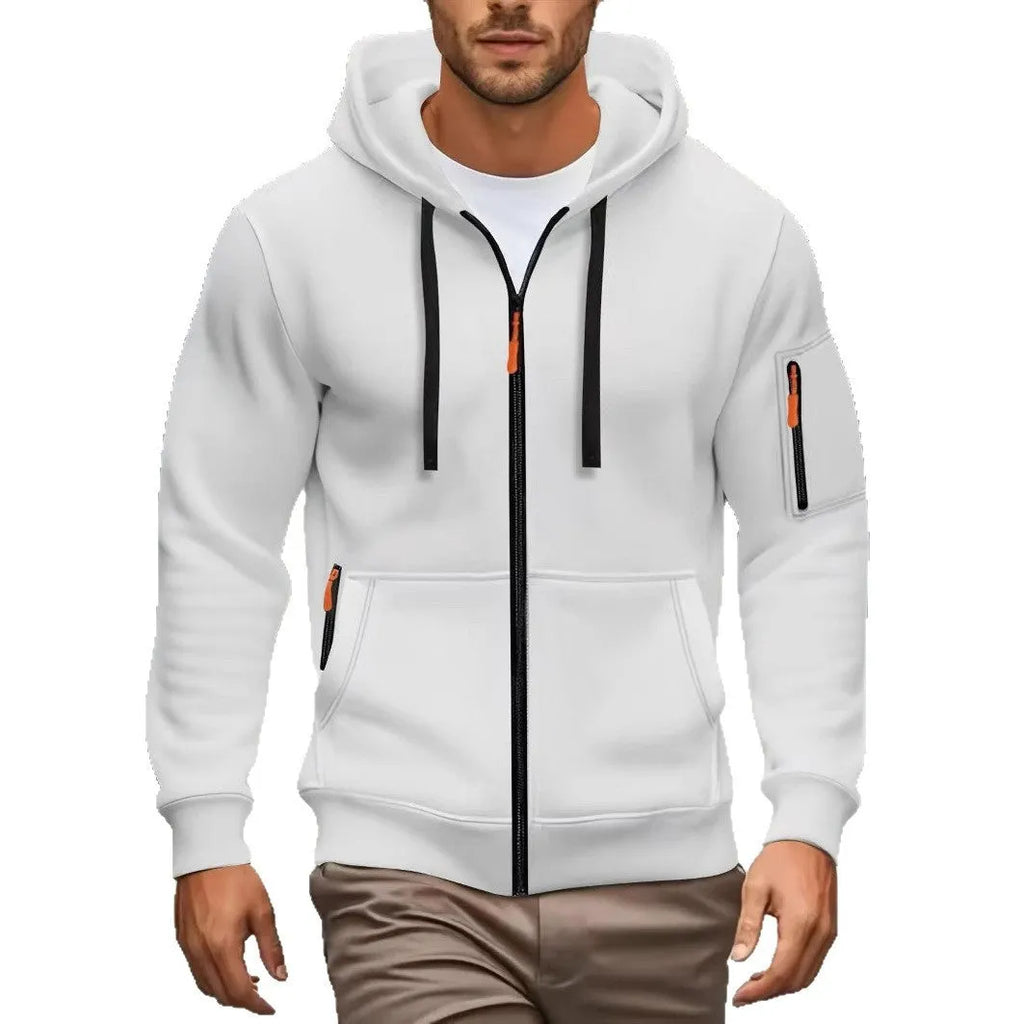 Man wearing a zip-up fleece-lined hooded sweatshirt in army green colour.