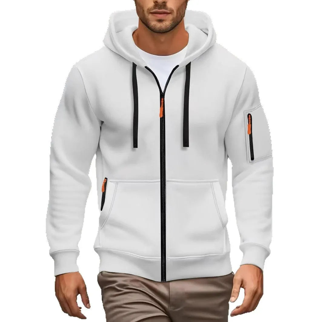 Man wearing a zip-up fleece-lined hooded sweatshirt in army green colour.