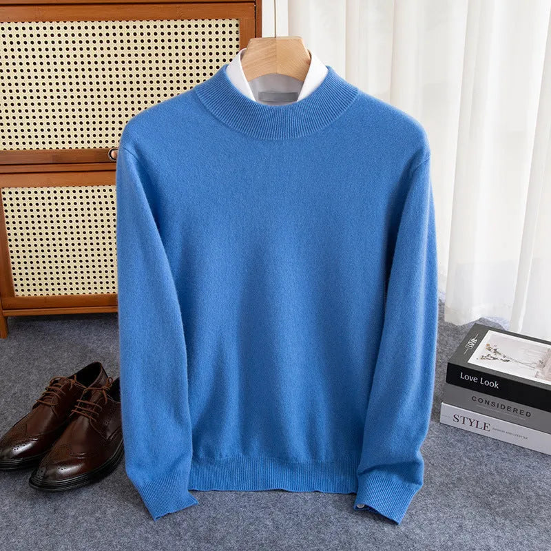 Men's half-collar loose fit wool sweater in a range of colours including black, brown, camel, grey, blue, and red.