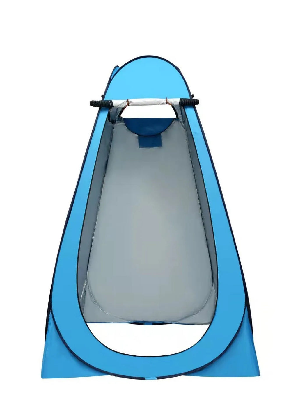 Blue fast opening outdoor camping changing and shower tent set up with wind ropes.