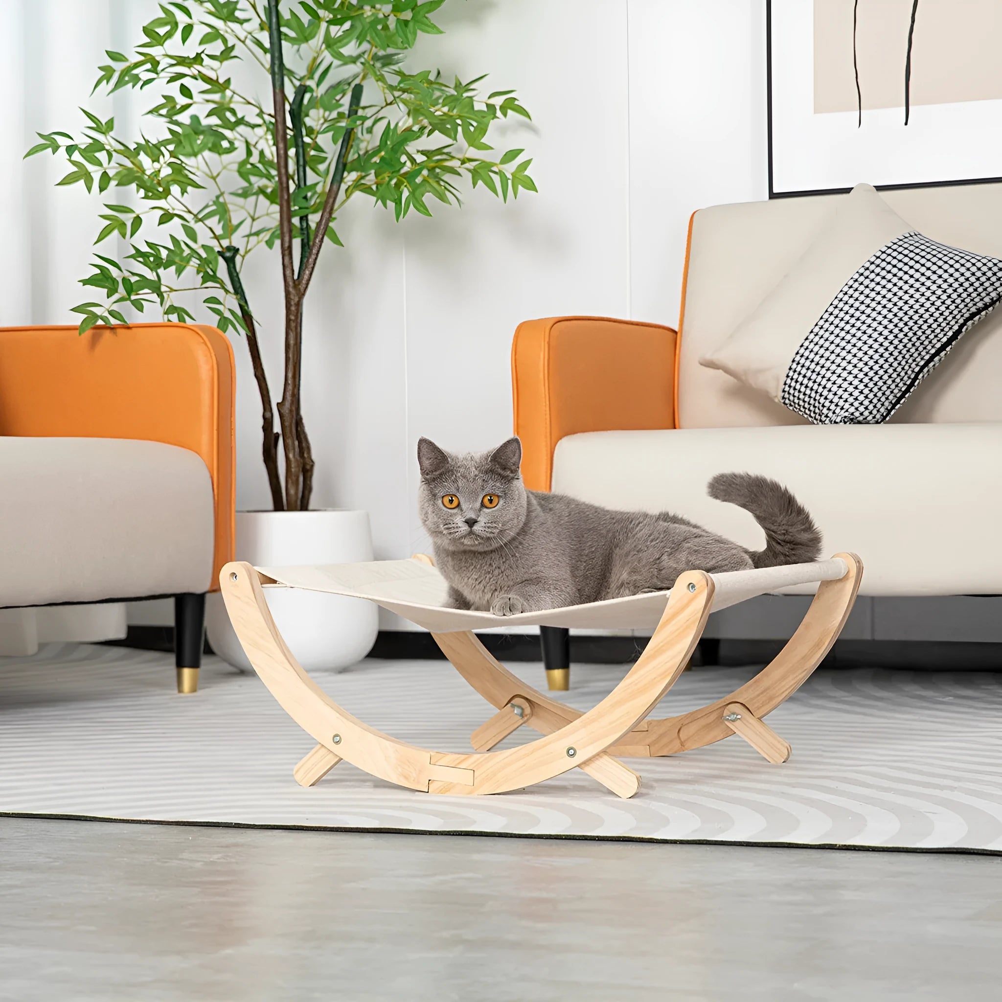 Solid wood foldable cat hammock bed with a neutral canvas and plush cushion.