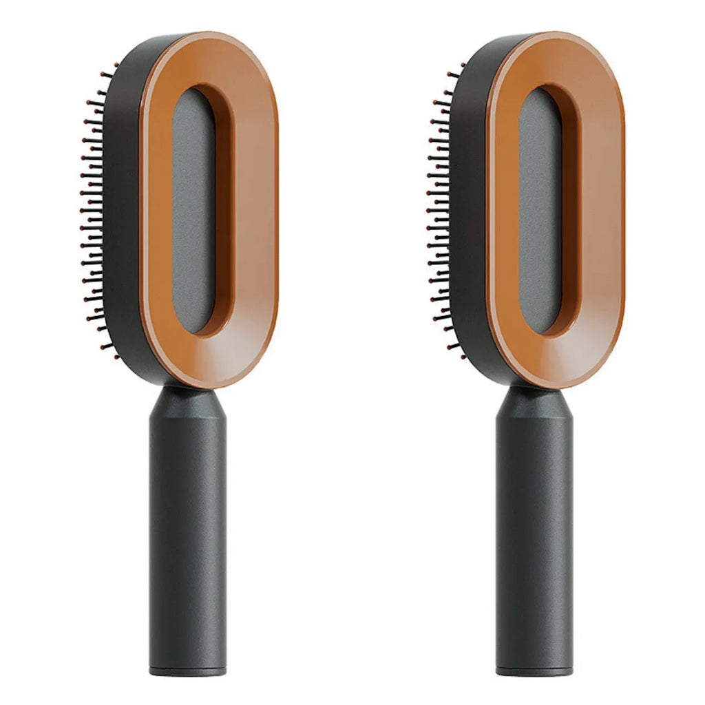 Self-cleaning air cushion hair brush in white, black gold, or black purple with ergonomic handle