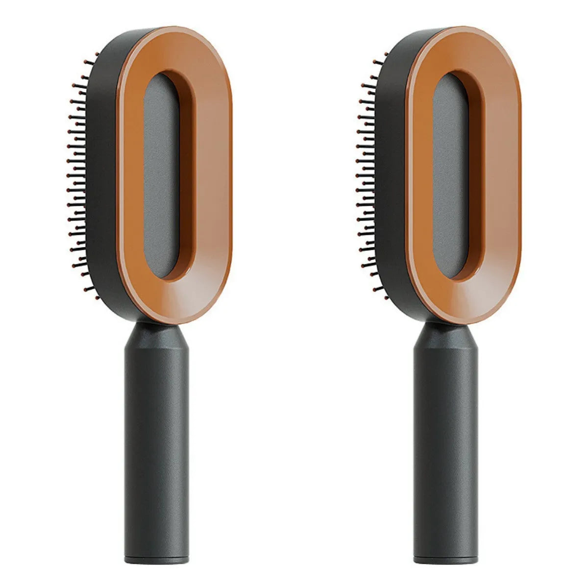 Self-cleaning air cushion hair brush in white, black gold, or black purple with ergonomic handle
