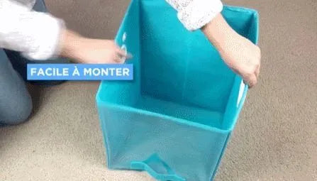 Blue folding detachable storage basket with clear front panel, shown on a shelf.