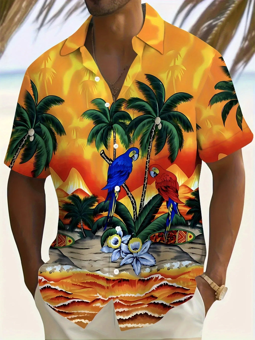 Men's 3D printed floral short sleeve shirt in loose cardigan style with elastic polyester fabric