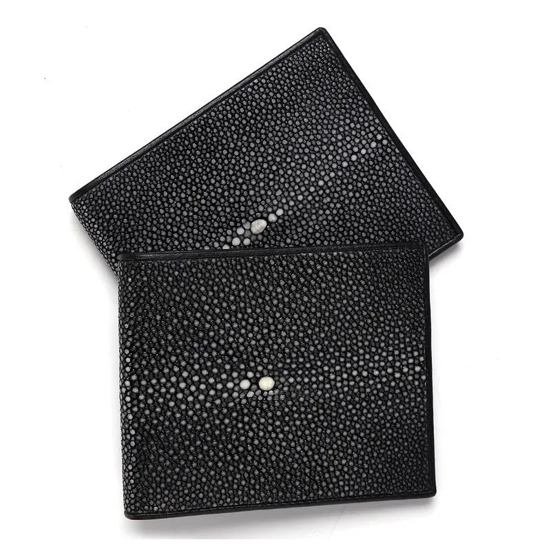 Genuine pearl fishskin leather wallet with horizontal square shape and visible sewing thread detailing