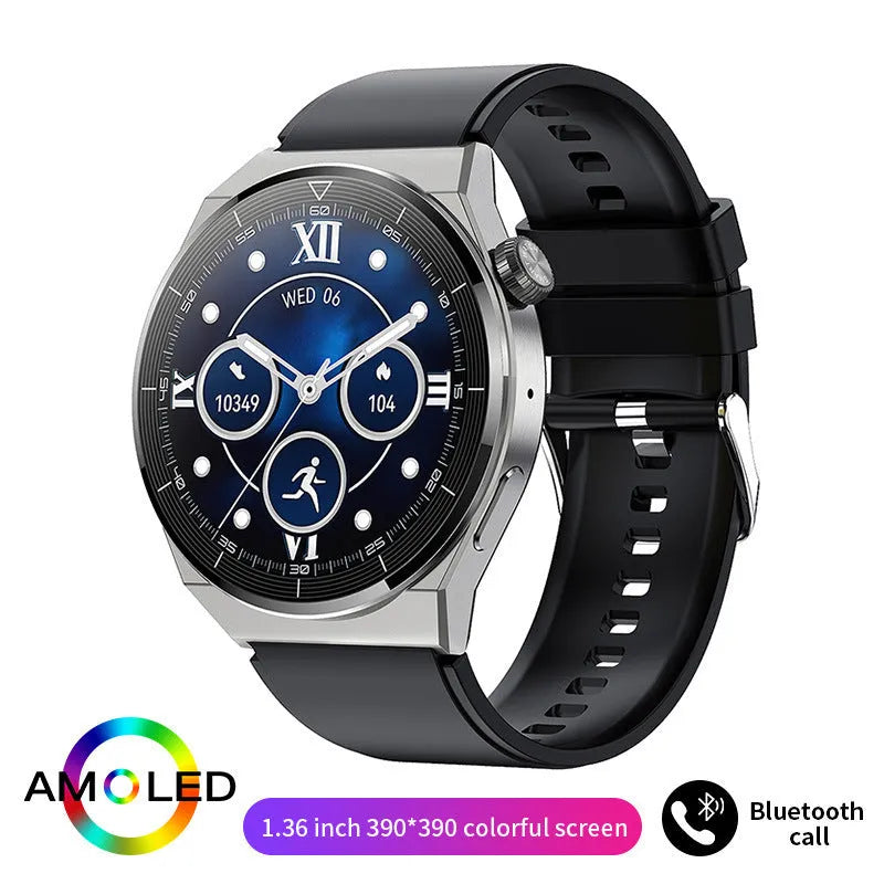 Black silicone strap silver case smartwatch with Bluetooth calling and health monitoring display