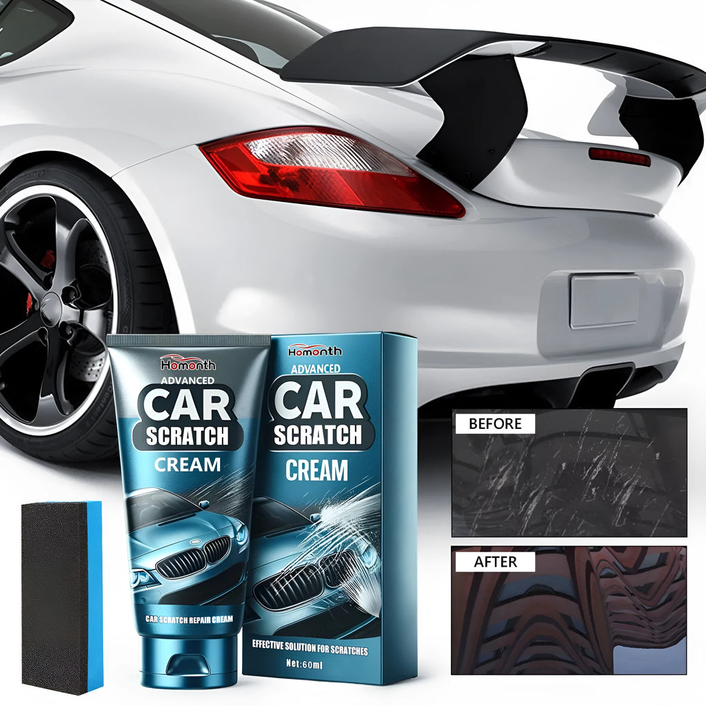 Car scratch repair cream kit showing 60ml tube and sponge applicator for paint surface renovation