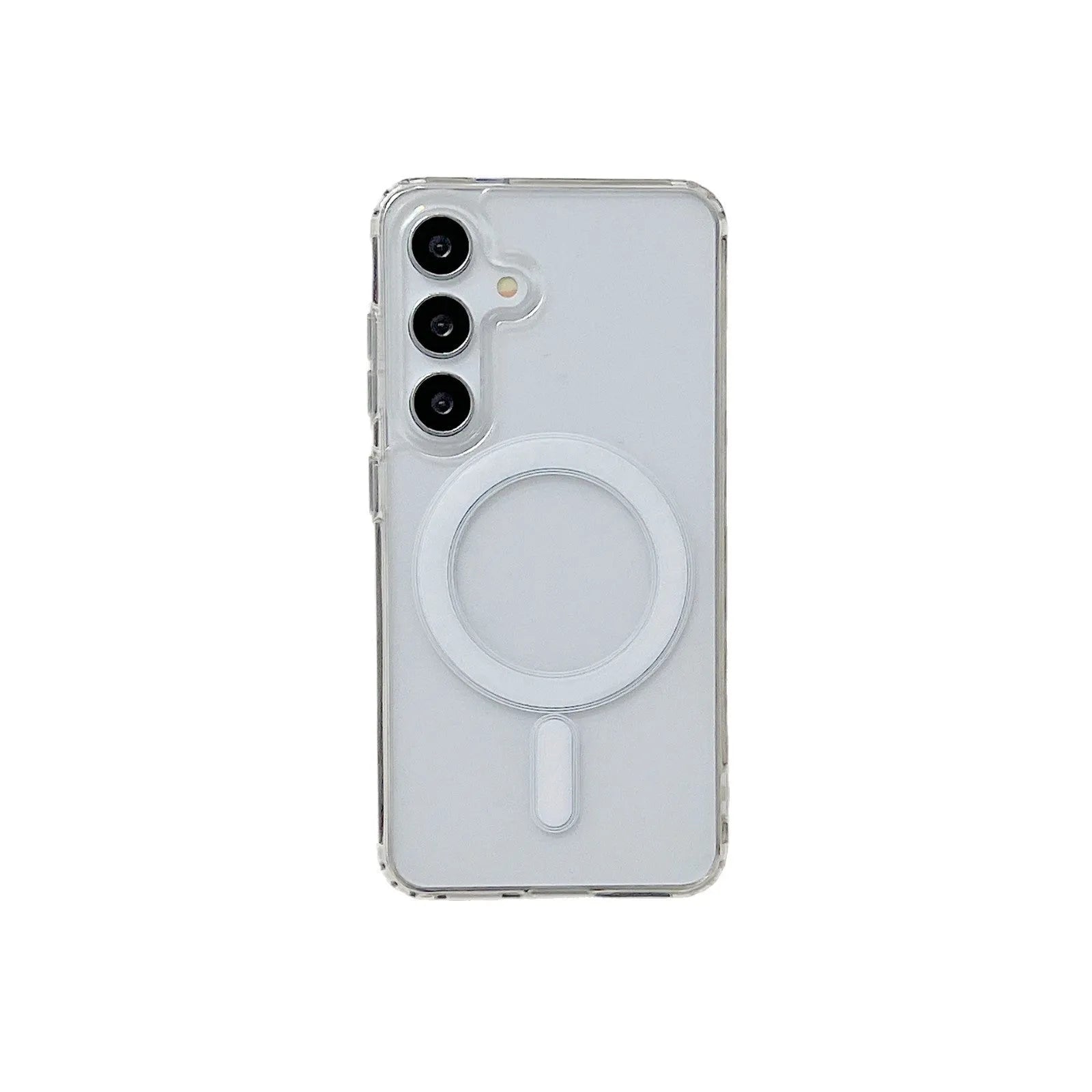 Transparent magnetic silicone phone case for Samsung Galaxy smartphones showing clear design with device inside