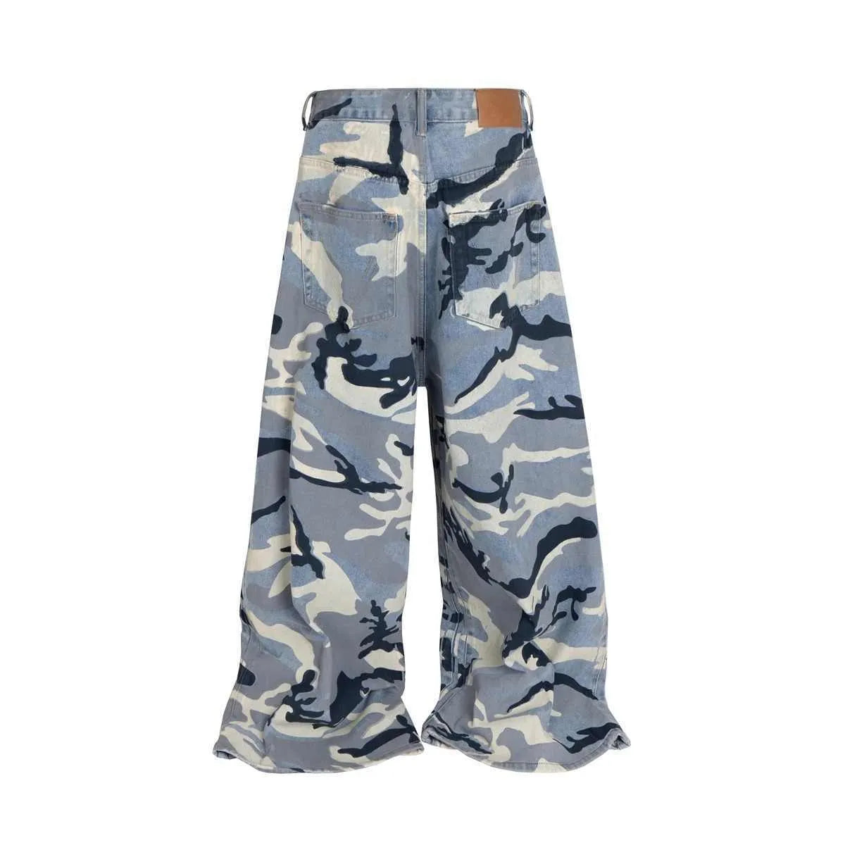 Snow camouflage blue jeans showing mid-waist design and loose fit trousers