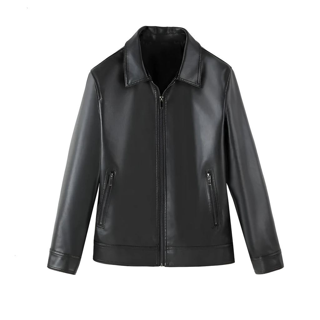 Men's black PU leather casual jacket with zipper pockets and loose fit