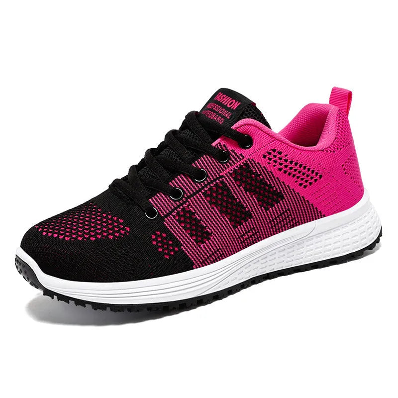 Women's flyknit running shoes in black with lace-up front and round toe design