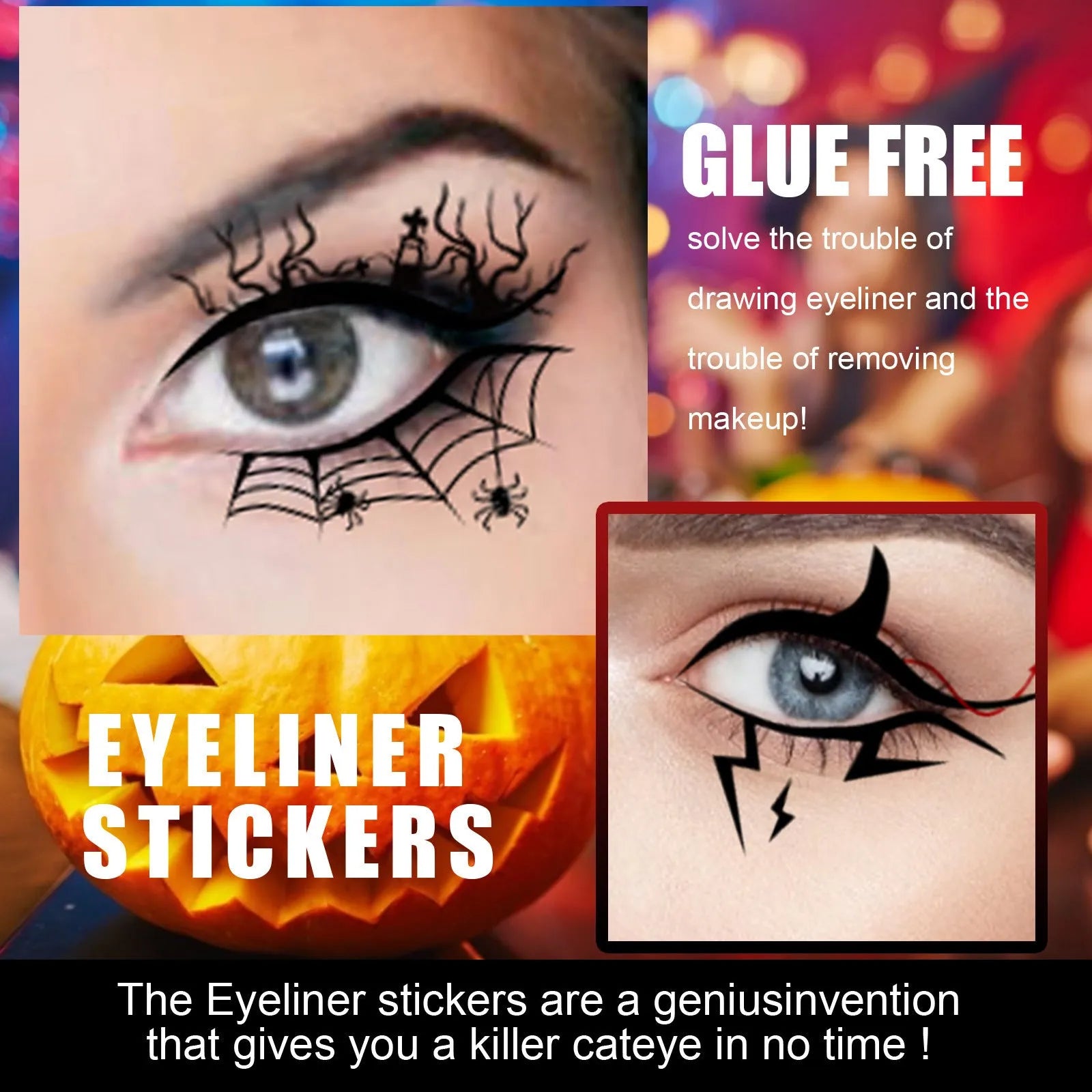 Set of eight pairs of bat and spider decorative eyeliner stickers for makeup application