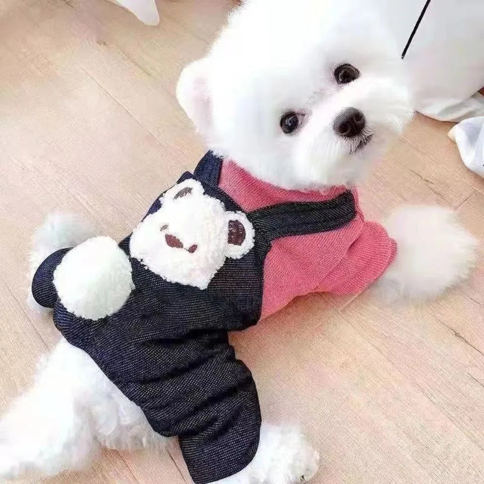 Pet Poodle beige cotton-padded four-leg dog coat with fleece lining on a small poodle