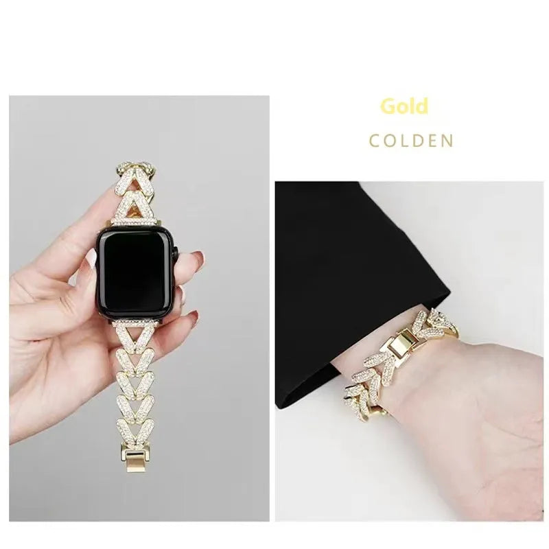 V-shaped metal diamond-embedded strap for Apple Watch in Silver, Starlight, Rose Gold, Gold