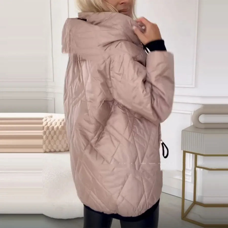 Women's pink cotton-blend hooded coat with long sleeves on a hanger