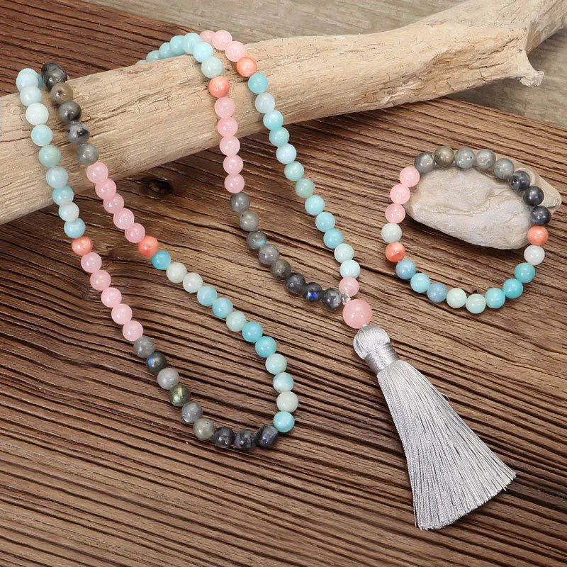 Bohemian jewellery set with colourful stone beads and tassel pendants showing necklace and bracelet pieces