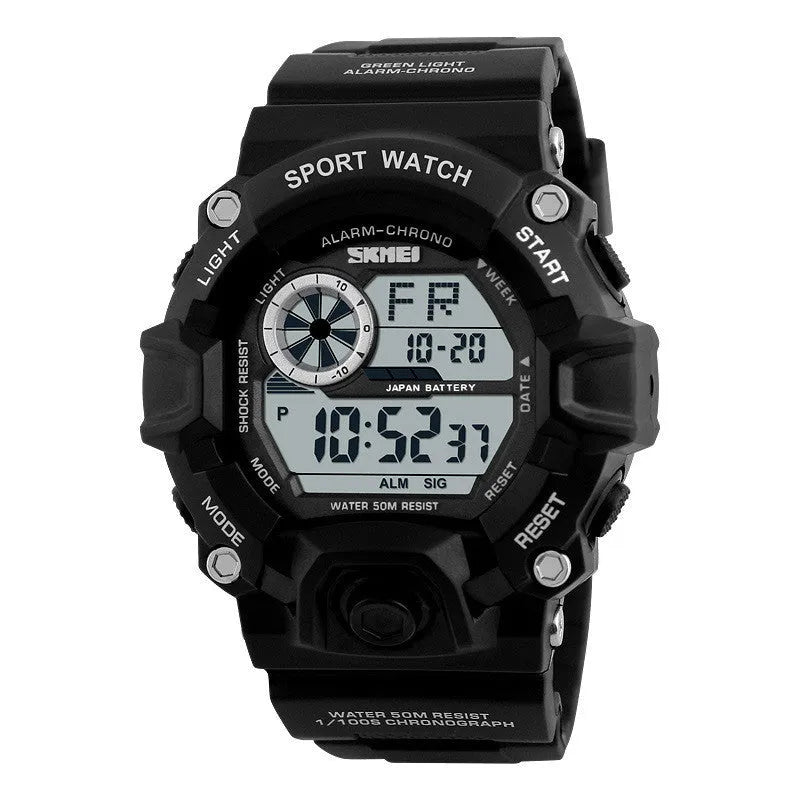 Waterproof 30 metre electronic sports watch with round dial and plastic strap in multiple colours