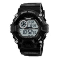 Waterproof 30 metre electronic sports watch with round dial and plastic strap in multiple colours