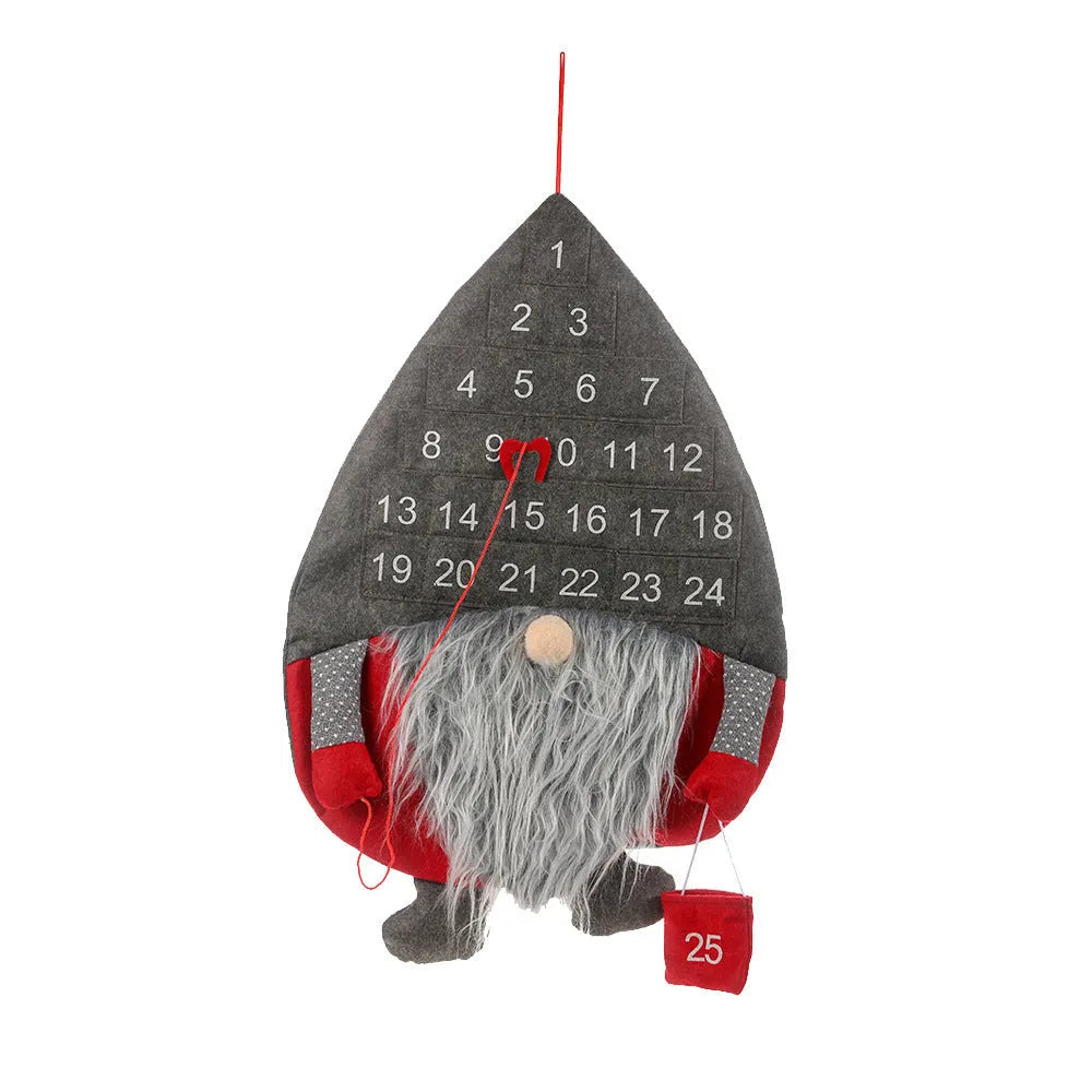 Christmas advent calendar with faceless Santa doll, non-woven fabric, hanging rope, red or grey hat