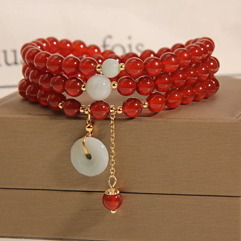 Women's red agate crystal bracelet with multi-layer beads and elastic adjustable band