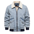 Men's plush denim jacket in European size with long sleeves and seam pockets in dark blue