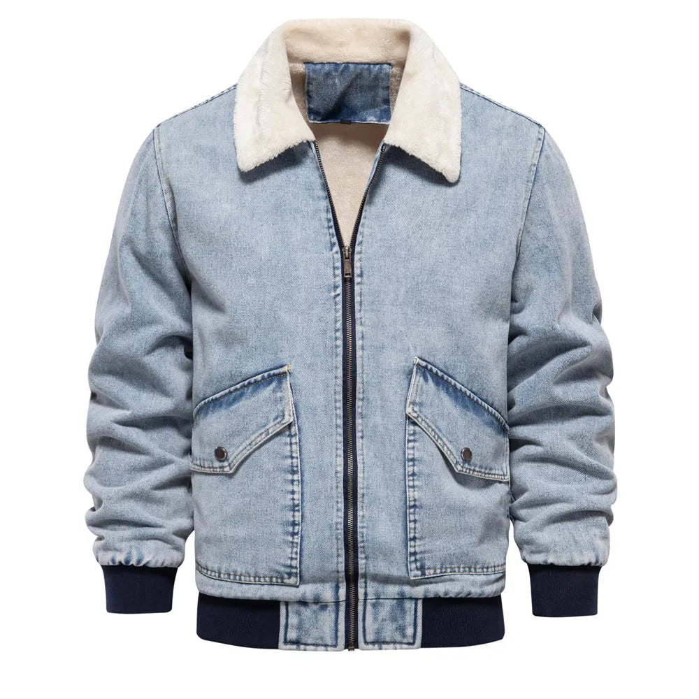 Men's plush denim jacket in European size with long sleeves and seam pockets in dark blue