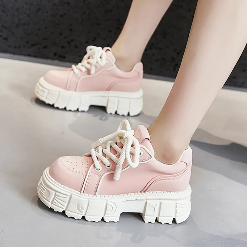 Women's beige leather muffin bottom platform shoes with rubber foam soles