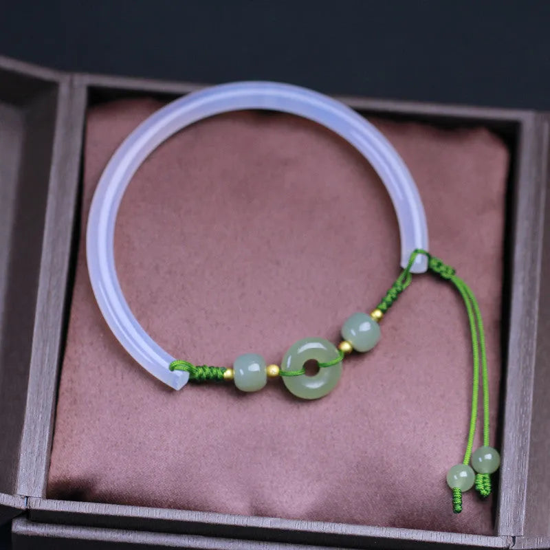 Handmade white agate and Hetian jade bracelet with peace buckle closure, 6mm bead diameter