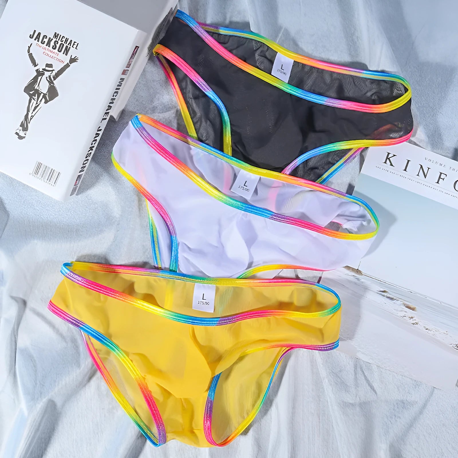 Mesh nylon briefs in six colours showing transparent knitted fabric and briefs style