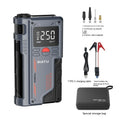 Portable ABS emergency jump starter and tyre inflator with battery clips and hose, showing dimensions 206mm x 110mm x 54mm